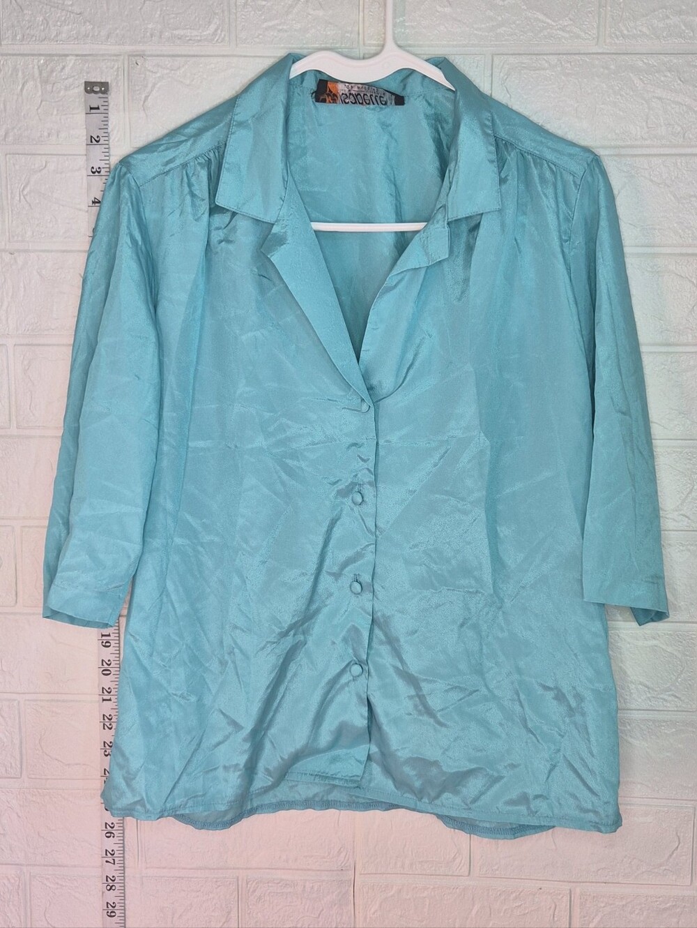Vintage Isabelle Womens Teal shiny 90s button up collar no size tag est L/XL